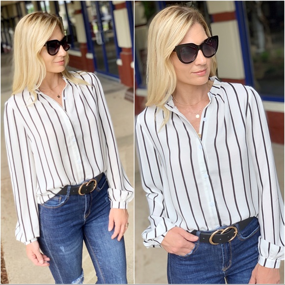 Infinity Raine Tops - ✨RESTOCKED✨Ivory and black pin stripe button up